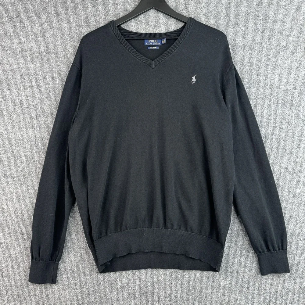 Polo Ralph Lauren Sweater Mens XL Black Pima Cotton V-neck Preppy Casual Ivy